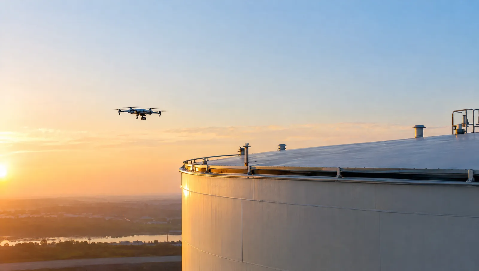 Inspection drone hovering near the rim of a floating roof tank at sunrise
